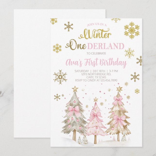 Winter ONEderland girl Christmas birthday invite. Einladung (Vorne/Hinten)
