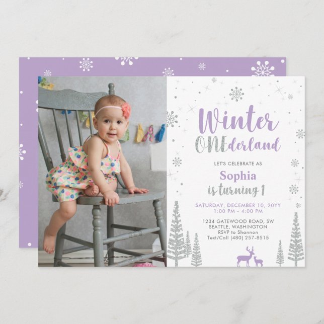 Winter Onederland, Girl First Foto Geburtstag Einladung (Vorne/Hinten)
