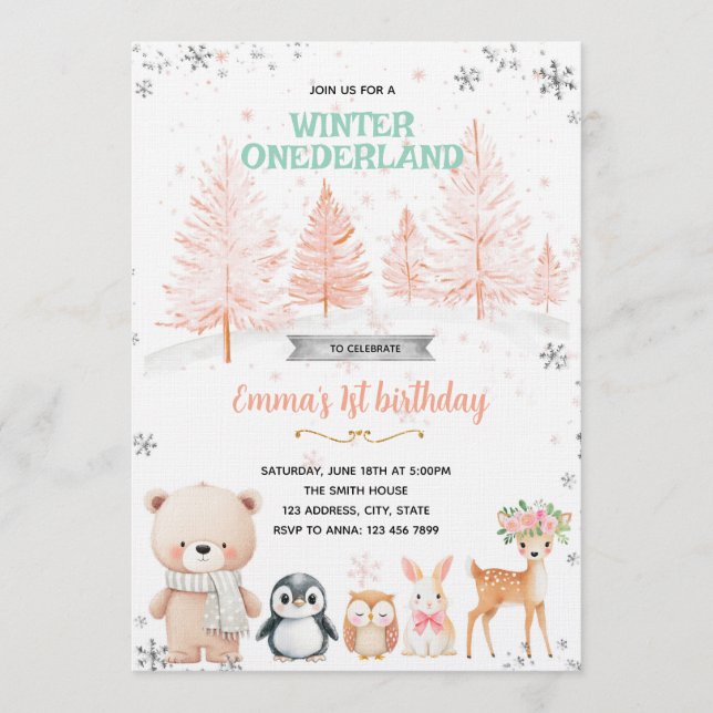Winter Onederland girl invitation Einladung (Vorderseite)