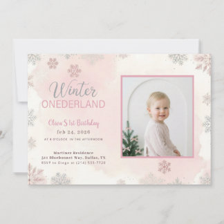 Winter Onederland Girl Photo First Birthday Einladung