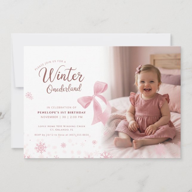 Winter Onederland Girl Photo First Birthday Party Einladung (Vorderseite)