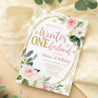 Winter ONEderland Gold Pink Floral Geburtstag Einladung