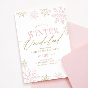 Winter Onederland Gold Pink Glitzer 1. Geburtstag Einladung