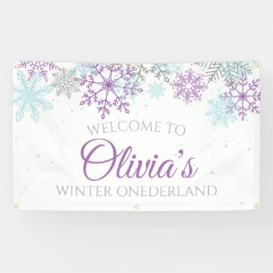 Winter Onederland Lila Blaue Schneeflocken Banner