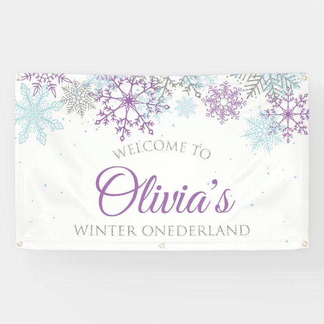 Winter Onederland Lila Blue Geburtstag Willkommen Banner (Horizontal)