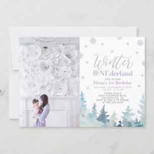Winter-Onederland-Lila-Mädchen-1.-Geburtstagsfoto Einladung