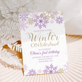 Winter Onederland Lila und Gold Snowflake Einladun Einladung