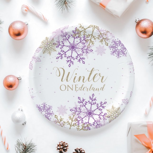 Winter Onederland Lila und Gold Snowflake Plate Pappteller (Von Creator hochgeladen)