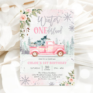 Winter ONEderland-LKW Rosa Mädchen 1. Geburtstag Einladung