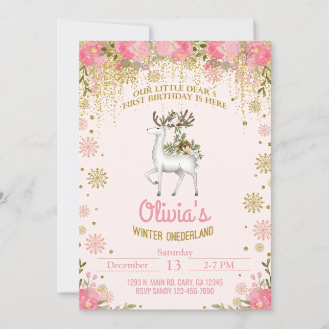 Winter Onederland Mädchen 1. erster Geburtstag ein Einladung (Vorderseite)