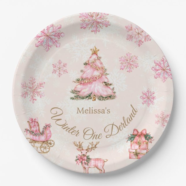 Winter-Onederland-Mädchen 1. Geburtstag Rosa Schne Pappteller (Vorderseite)