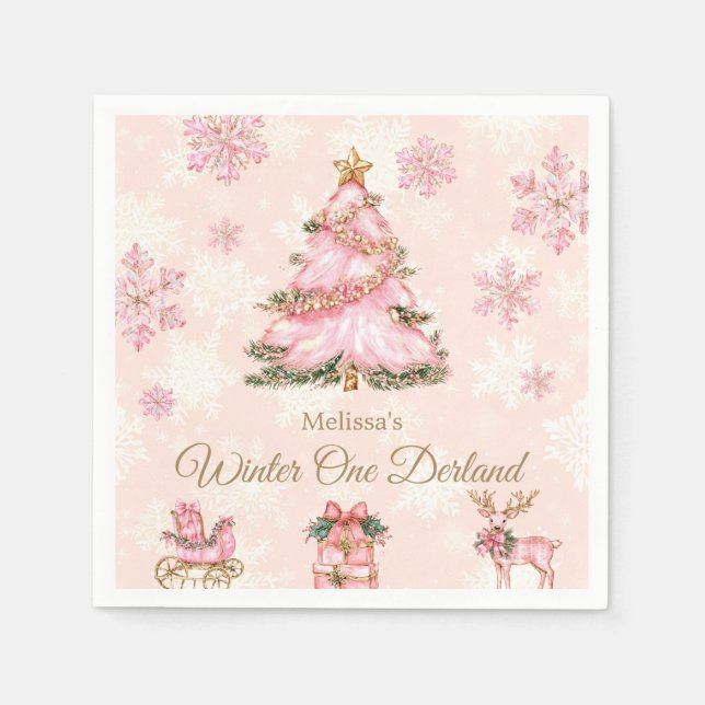 Winter-Onederland-Mädchen 1. Geburtstag Rosa Schne Serviette (Vorderseite)