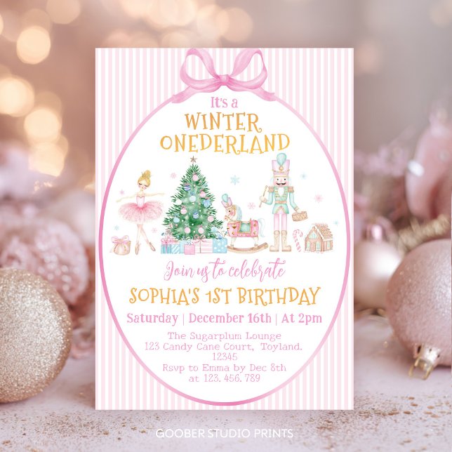 Winter Onederland Nutcracker Pink Bow Birthday Einladung (Von Creator hochgeladen)