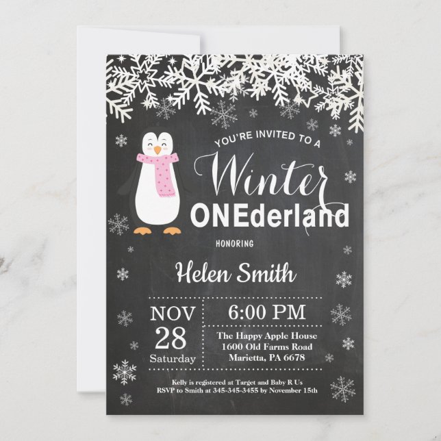 Winter Onederland Penguin Girl 1. Geburtstag Einladung (Vorderseite)