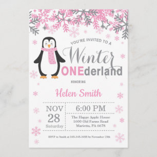 Winter Onederland Penguin Girl 1. Geburtstag Einladung