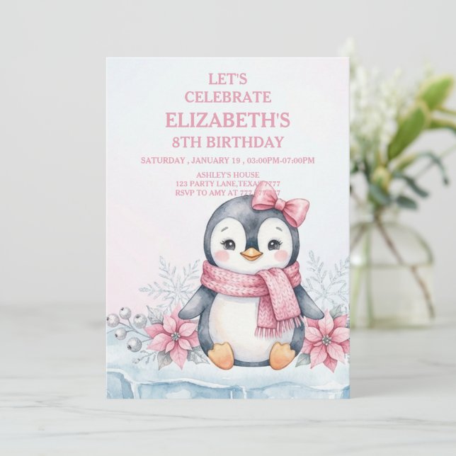 Winter Onederland Penguin Girl Birthday Einladung (Stehend Vorderseite)