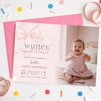 Winter ONEderland Photo Pink Bow First Birthday Einladung