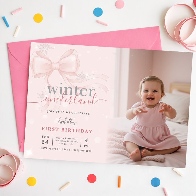 Winter ONEderland Photo Pink Bow First Birthday Einladung (Von Creator hochgeladen)