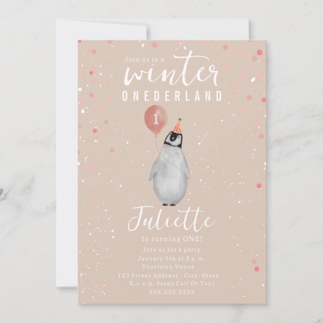 Winter Onederland Pink Balloon Pinguin Birthday Einladung (Vorderseite)