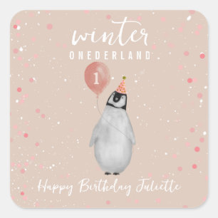 Winter Onederland Pink Balloon Pinguin Birthday Quadratischer Aufkleber