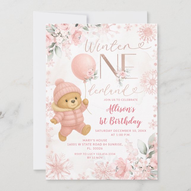 Winter ONEderland Pink Bear Balloon 1st Birthday Einladung (Vorderseite)