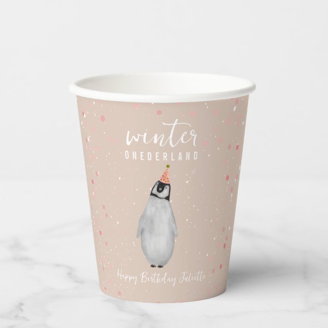 Winter Onederland Pink Birthday Penguin Geburtstag Pappbecher (Vorderseite)