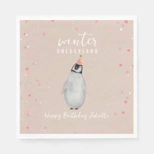 Winter Onederland Pink Birthday Penguin Geburtstag Serviette