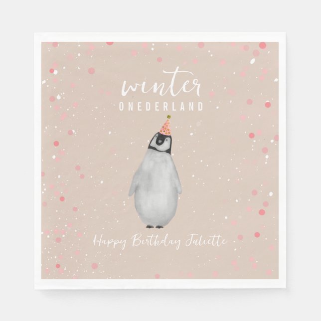 Winter Onederland Pink Birthday Penguin Geburtstag Serviette (Vorderseite)