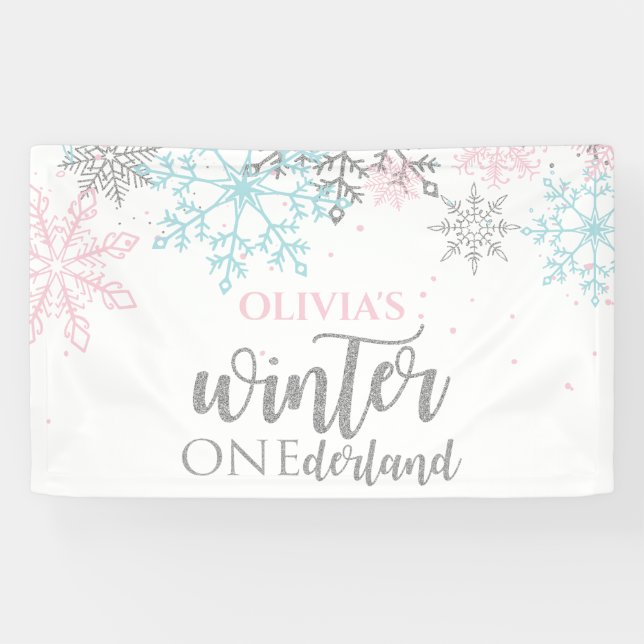 Winter Onederland Pink Blue Silver Glitzer Banner (Horizontal)
