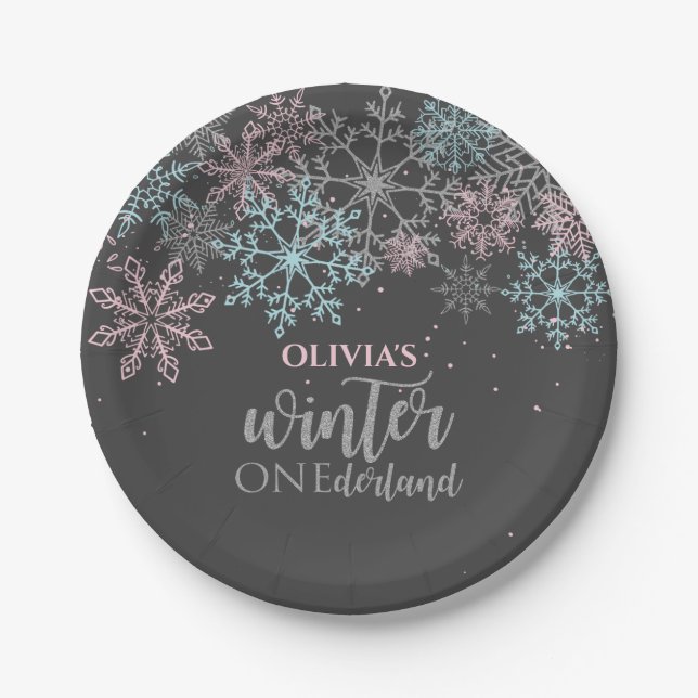 Winter Onederland Pink Blue Silver Glitzer Pappteller (Vorderseite)