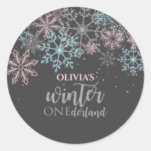 Winter Onederland Pink Blue Silver Glitzer Runder Aufkleber