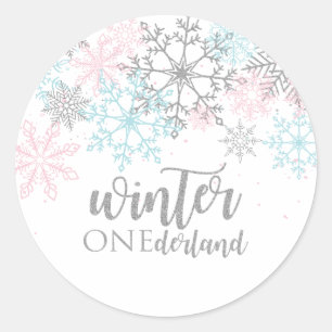 Winter Onederland Pink Blue Silver Glitzer Runder Aufkleber