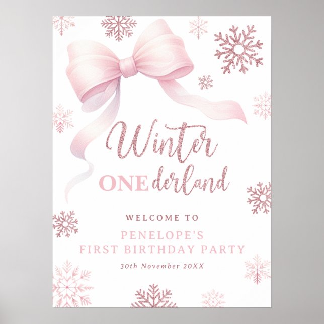 Winter Onederland Pink Bow 1st Birthday Welcome Poster (Vorne)