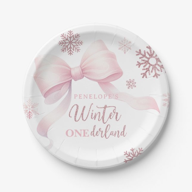 Winter Onederland Pink Bow Girl 1st Birthday Pappteller (Vorderseite)