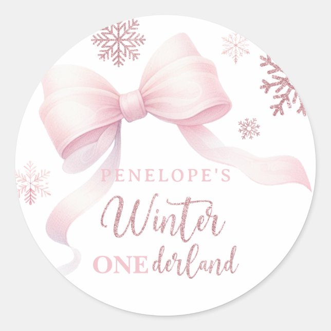 Winter Onederland Pink Bow Girl 1st Birthday Runder Aufkleber (Vorderseite)