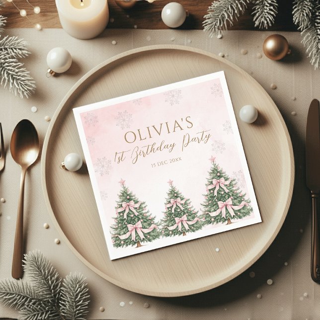Winter Onederland Pink Bow Pine Trees 1st Birthday Serviette (Von Creator hochgeladen)