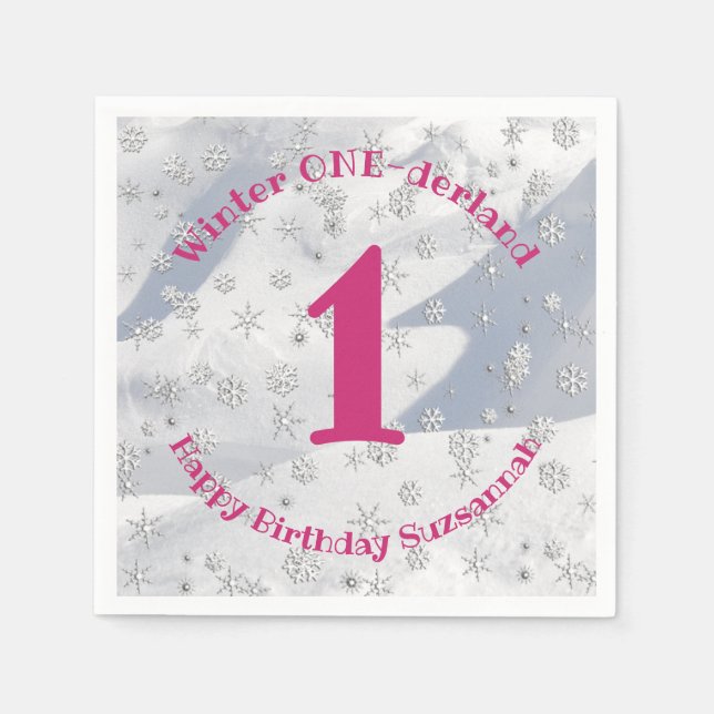 Winter ONEderland Pink Erster Geburtstag Schneeflo Serviette (Vorderseite)