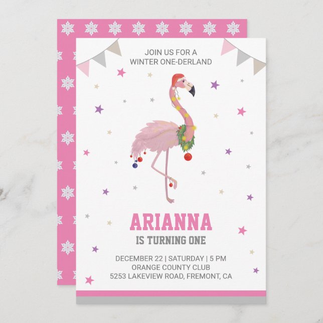 Winter ONEderland Pink Flamingo 1. Girls Geburtsta Einladung (Vorne/Hinten)