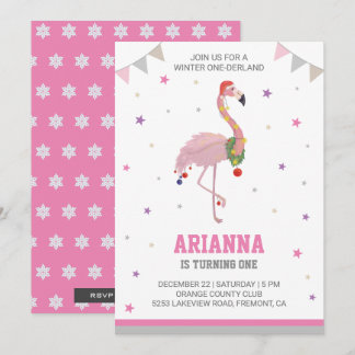 Winter ONEderland Pink Flamingo 1. Girls Geburtsta Einladung