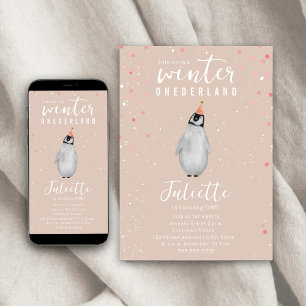 Winter Onederland Pink Geburtstag Pinguin Confetti Einladung