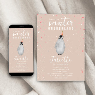 Winter Onederland Pink Geburtstag Pinguin Confetti Einladung