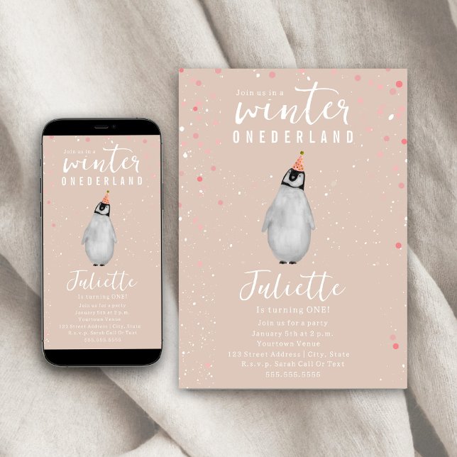 Winter Onederland Pink Geburtstag Pinguin Confetti Einladung (Von Creator hochgeladen)