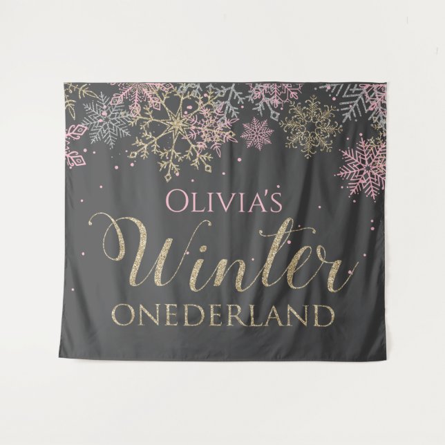 Winter Onederland Pink Girl Erster Geburtstag Wandteppich (Vorderseite (Horizontal))