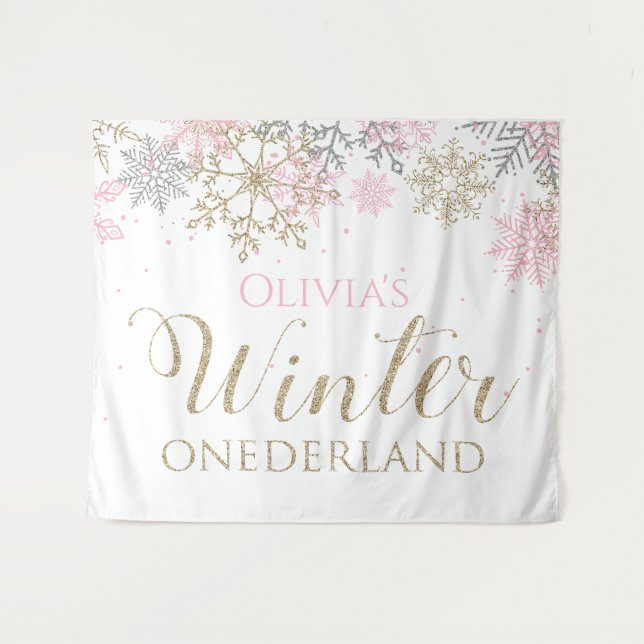Winter Onederland Pink Girl Erster Geburtstag Wandteppich (Vorderseite (Horizontal))