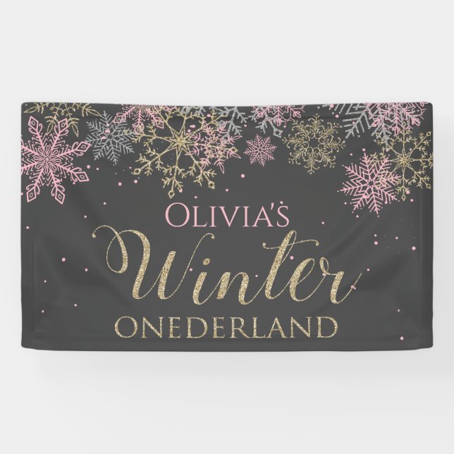 Winter Onederland Pink Gold Dark Gray Banner (Horizontal)