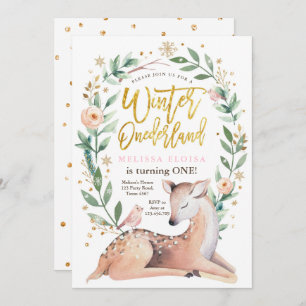Winter ONEderland Pink Gold Girl Deer Geburtstag Einladung