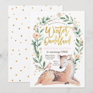 Winter ONEderland Pink Gold Girl Deer Geburtstag Einladung