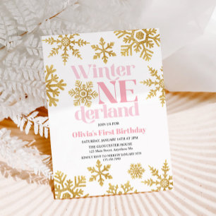 Winter Onederland Pink Gold Schneeflocke 1. Geburt Einladung