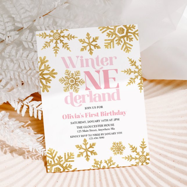 Winter Onederland Pink Gold Snowflake 1. Geburtsta Einladung (Von Creator hochgeladen)