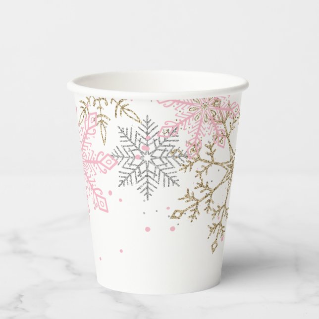 Winter Onederland Pink Gold Snowflakes Geburtstag Pappbecher (Vorderseite)